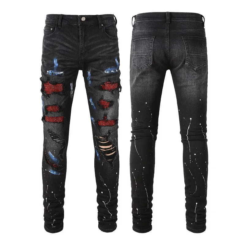 

2023 High Street Hipster Men's Jeans Fashion Black Ripped Patch Red Diamond Stretch Vintage Pants Men 002