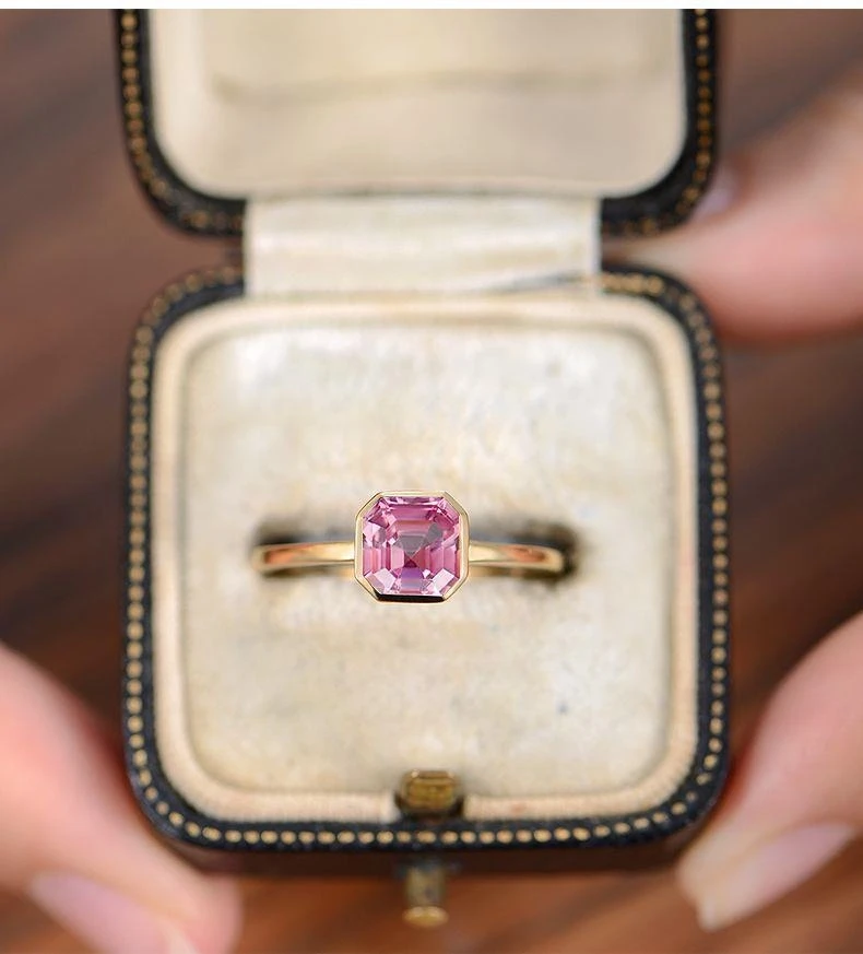 

Luxury 18k Gold Plated Cushion Cut Cherry Pink Tourmaline Diamond Wedding Engagment Finger Band Ring For Women Girls Luxury Gift