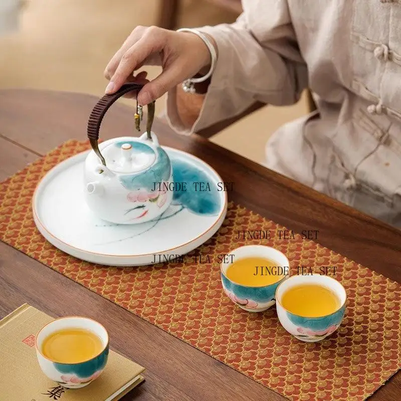 Ceramic hand-painted fish play lotus tea cup tea pot set one pot two cups handle pot, Kung Fu set with tea tray