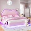 LED Queen Bed Frame for Girls Upholstered Floating Bed with Cute Cloud Headboard, No Box Spring Needed, Leather, Pink 1