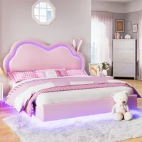 LED Queen Bed Frame for Girls Upholstered Floating Bed with Cute Cloud Headboard, No Box Spring Needed, Leather, Pink 1