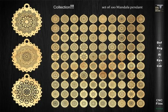 100 Mandala Pendants Laser Cut File Creative Design Vector Files Layouts CDR/DXF/AI/SVG Files for Laser/Plasma Cutting and Print butcher block woodworking bench
