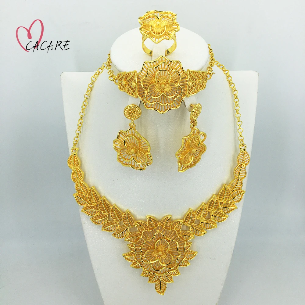 

Fine Jewelry Sets African for Women Gold Diamond Set Dubai Necklace Bracelet Earring Ring Suite 4 Pieces Middle East F1322
