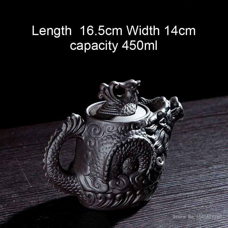 Chinese Kongfu Relief Dragon Pattern Teapot, Home Office Living Room Supplies, Purple Clay, Retro Vermilion Clay Tea Pots, 450ml