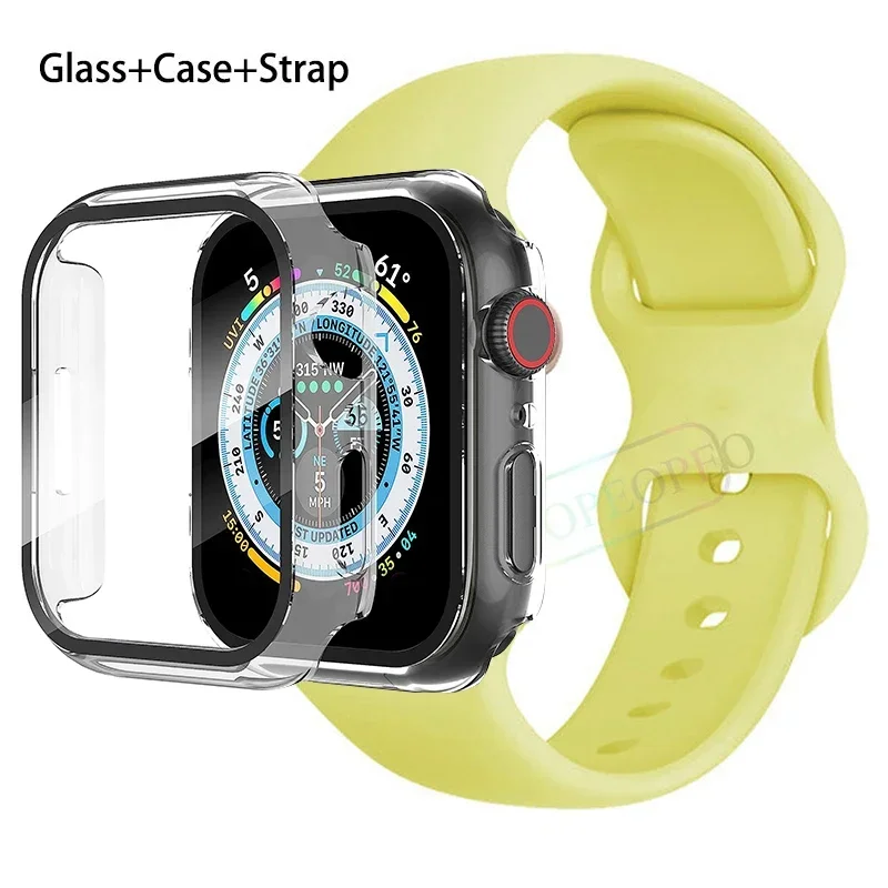 Premium Silicone Apple Watch Band with Glass Case and Strap - Compatible with All Series