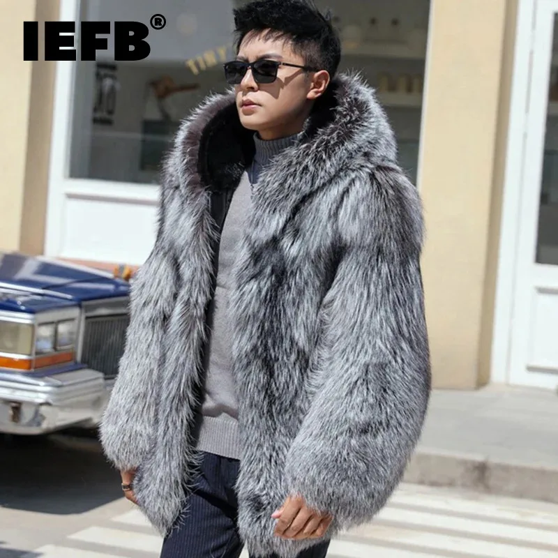 

IEFB Winter Men's Hooded Faux Fur Jackets Streetwear Coat Casual Zippers Warm Outdoor Motorcycle Avant-garde Outerwear 21Z1254