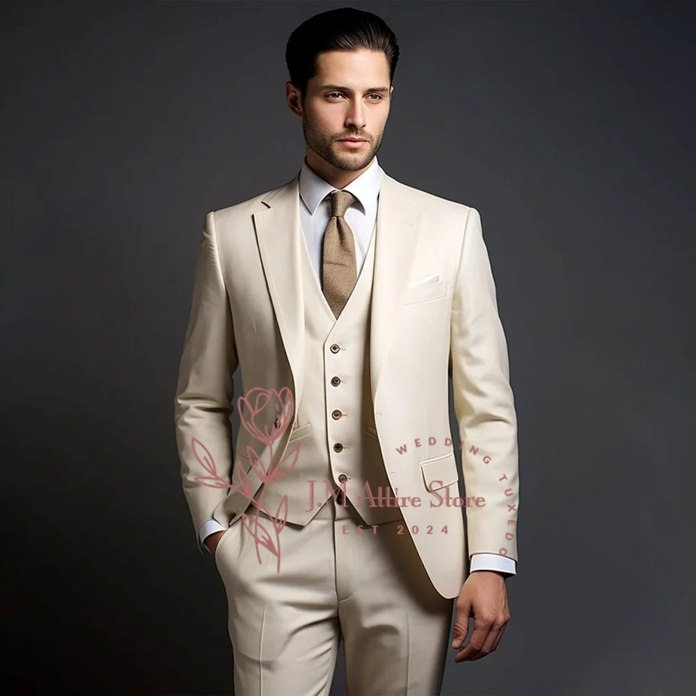 Cream 3-Piece Suit for Men Timeless Elegance for Formal Events Wedding Cocktail Party Handmade Tuxedo, jacket vest pants