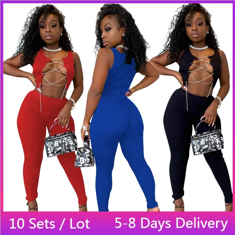 

Wholesale Items for Business Clothes Bulk for Women Sexy Two Piece Sets Club Outfits Chain Crop Top and Pants Matching Set Suit