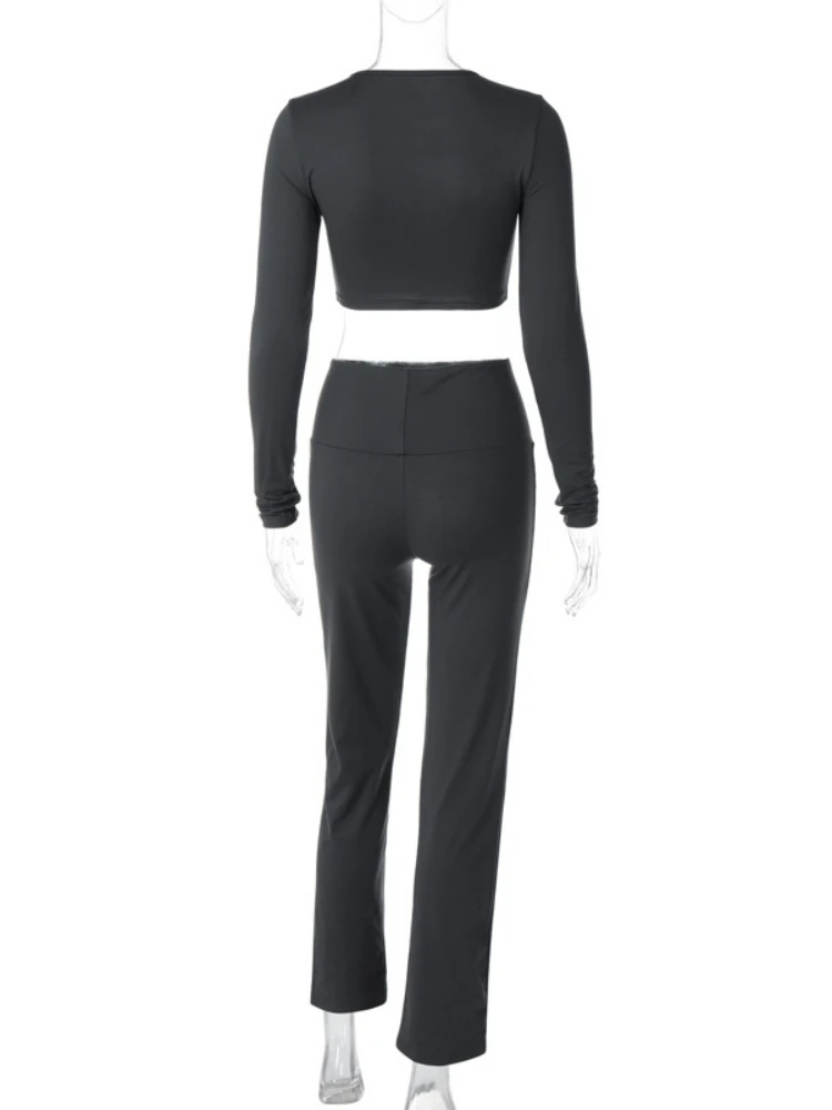 O-Neck Crop Tops Slim Pants 2 Piece Sets Womens Outfits Long Sleeve  Conjunto Femenino Solid Gray Leggins Mujer Ladies Tracksuits - AliExpress  200000345