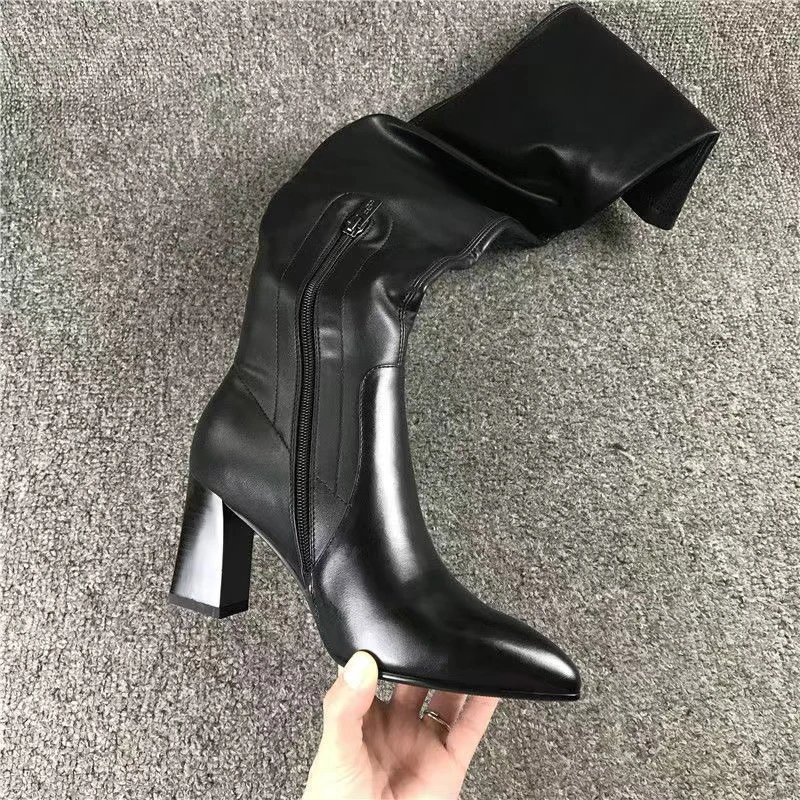 

Motorcycle Cowboy Boots Woman Black Round Head Chunky Heels Over the Knee Boots Women Knight Elastic Socks Boot Tall Skinny Shoe