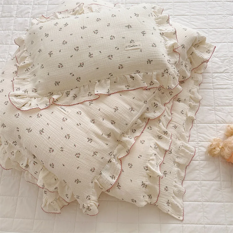 High-quality cotton muslin duvet cover set twin size cotton rich floral ruffle edge bedding set