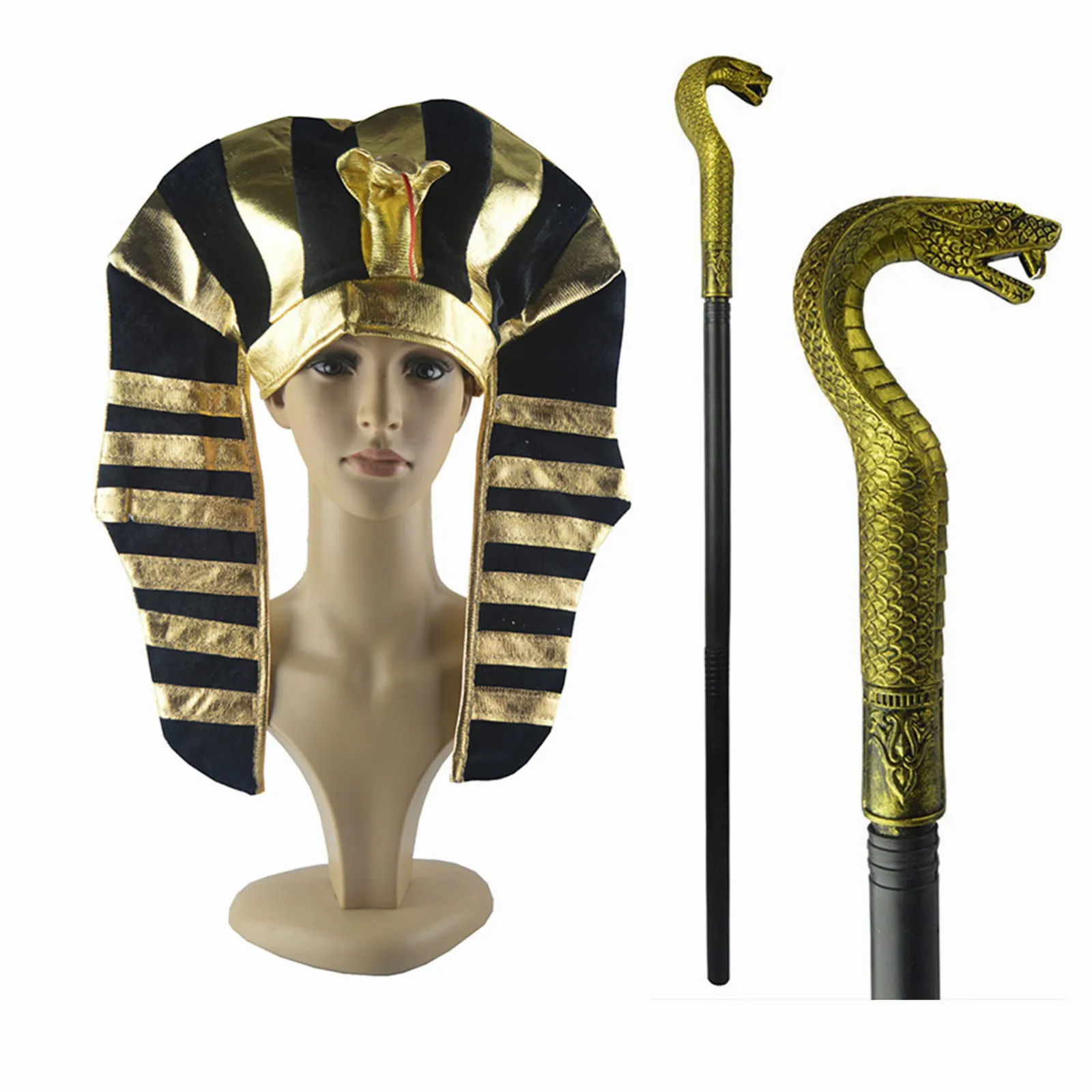 Egyptian Pharaoh Costume Accessories Golden Pharaoh King Hat Cleopatra Snake-shaped Hat with Scepter Halloween Cosplay Props