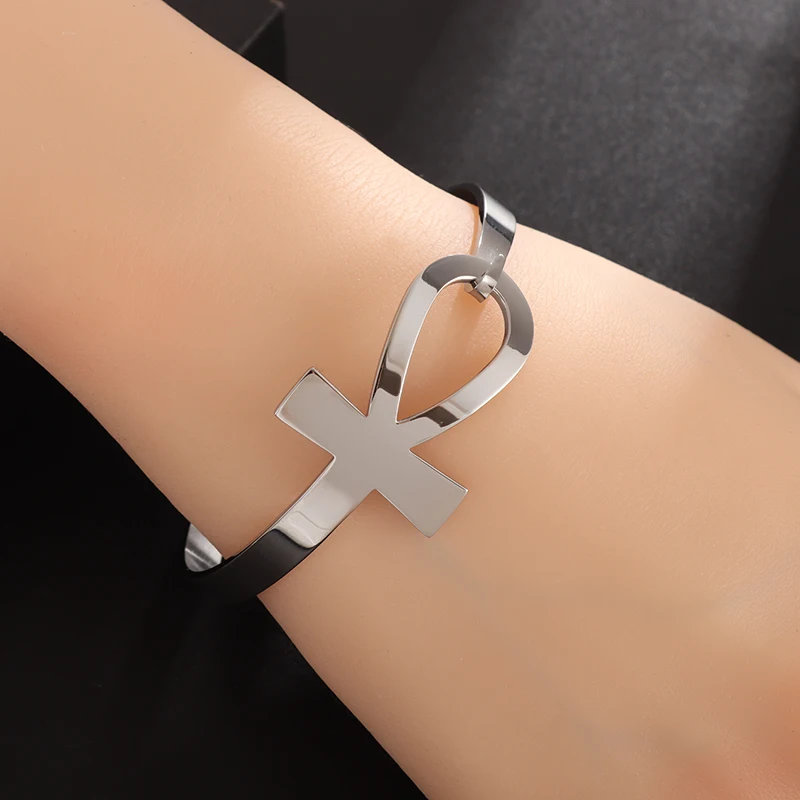 Men Women Fashion Stainless Steel Ancient Egypt Cross Simple Bracelet Gold Silver Color Bangles Personality Charm Jewelry