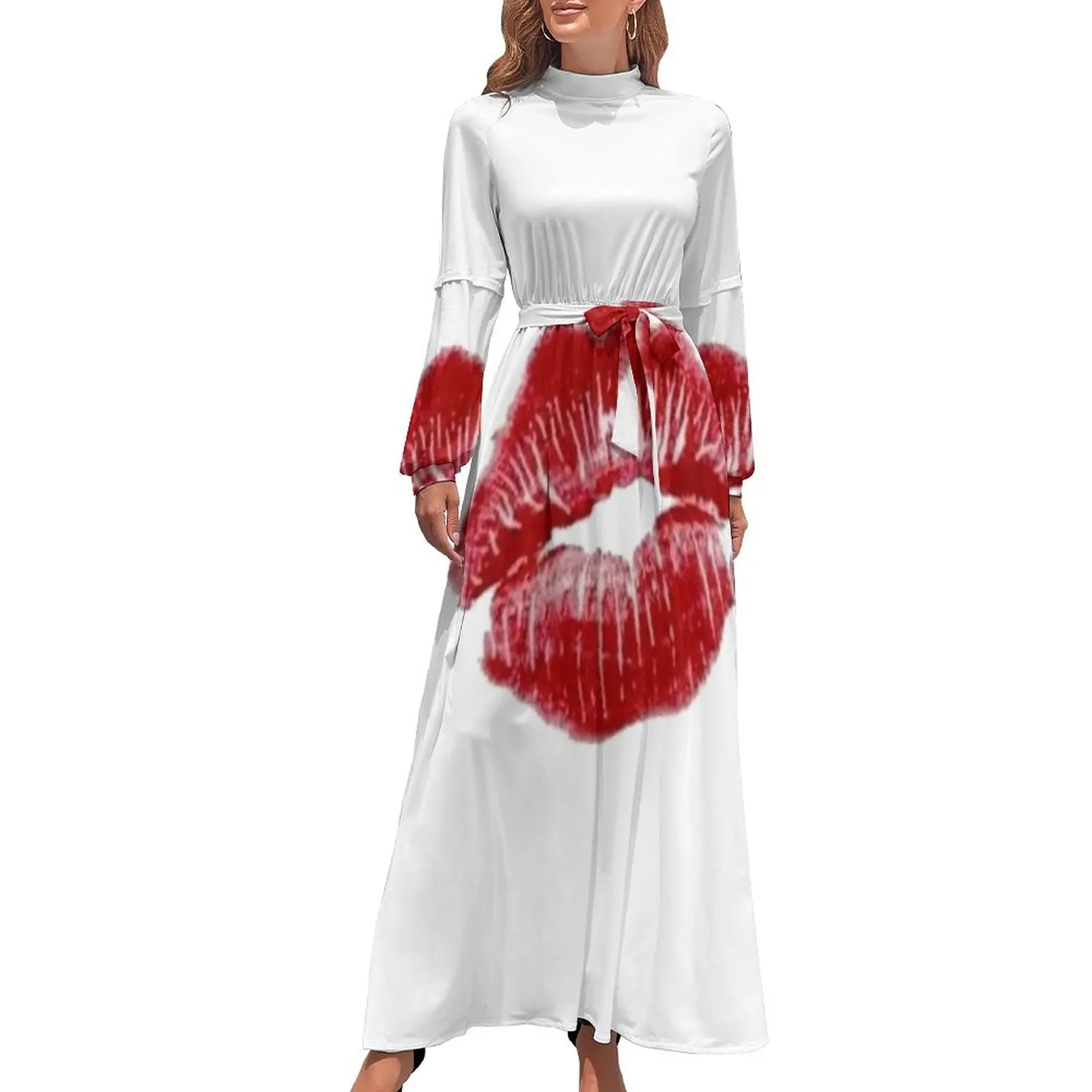 thumbnail image 1 of Vestido largo de labios rojos vestido para mujer vestidos con mangas largas, 1 of 5