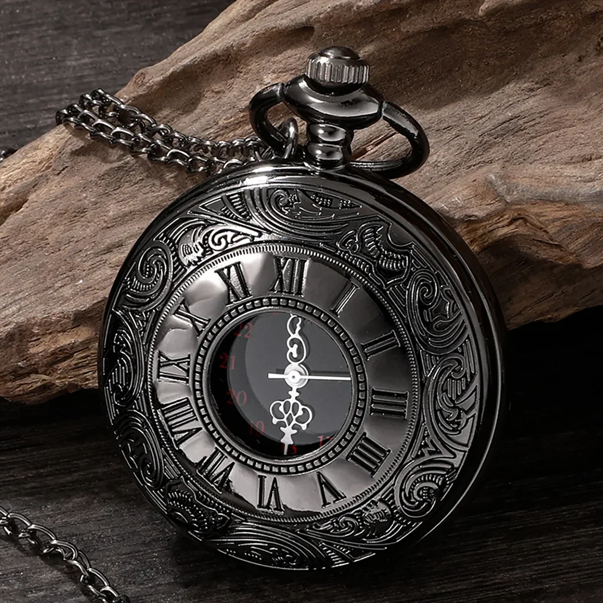 Vintage Charm Black Unisex Fashion Roman Number Quartz Steampunk Pocket Watch Women Man Necklace Pendant with Chain Gift