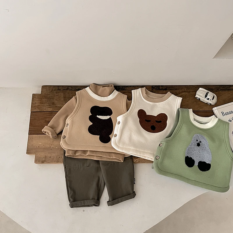 Autumn And Winter Baby Boys And Girls Cute Cartoon Plus Velvet Vest Children's Casual Warm Vest