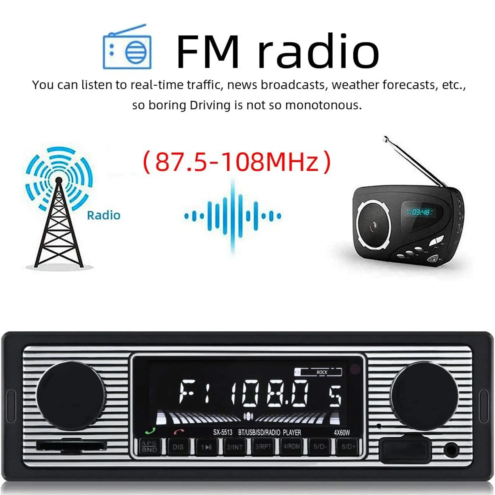 1 DIN Retro Car Stereo Audio Automotive Bluetooth with USB USB/SD/AUX Card FM MP3 Player PC Type:ISO-5513