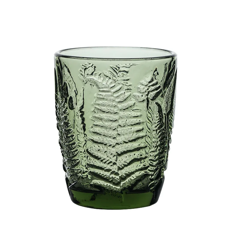 290ml 10oz Vintage Green Leaf Embossed Colored Side Glass Whiskey Water Glass Cup Heavy Thick Glassware Tumbler 1 Piece