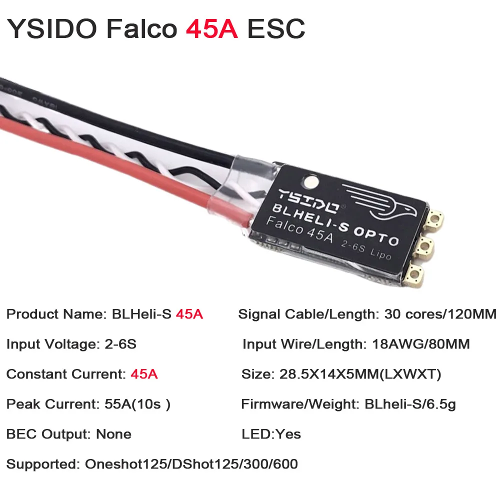 YSIDO Falco 브러시리스 전자 컨트롤러, 드론용 LED 조명 지지대, DSHOT125, 300/600, 35A, 45A, BLHeli_S ESC 2-6S Lipo