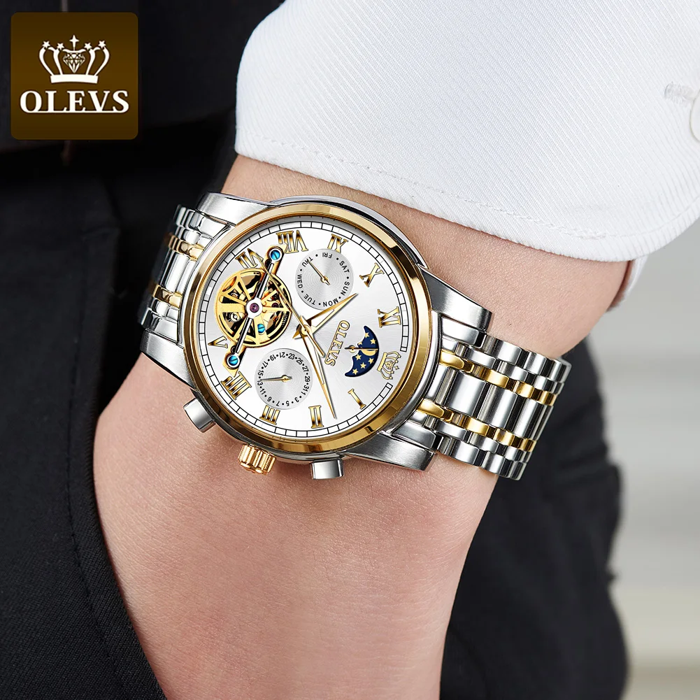 OLEVS-reloj mecánico automático para hombre, pulsera de Tourbillon, resistente al agua, luminoso, marca de lujo, fase lunar, Original