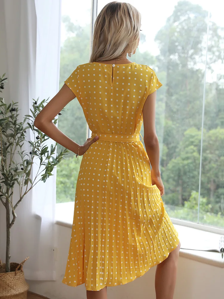 Benuynffy O-Neck Polka Dot Summer Dresses 2024 Cap Sleeve Women Knee Length Shirred Elegant Office Lady Belted A-Line Dress - Image 3