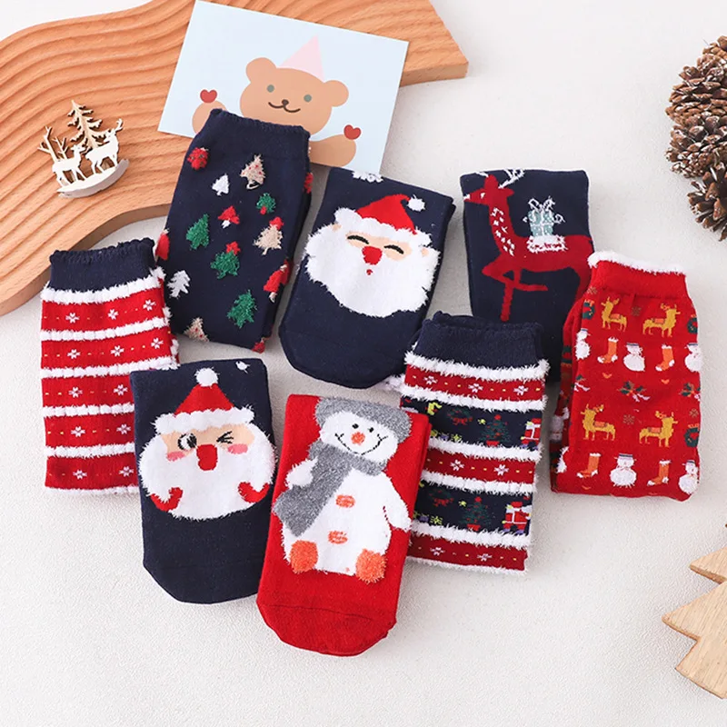 Christmas Socks Women Autumn and Winter Woolen Socks Christmas Feather Yarn Mid-Calf Socks New Year As A Gift