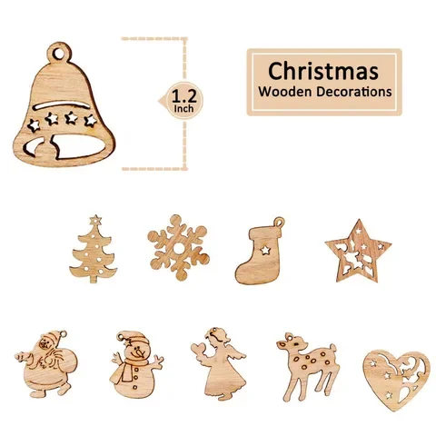 

50pcs Mini Wooden Snowflake Tree Pendant 2021 Merry Christmas Eve Window Sticker Winter Snow Decorations For Home Happy New Year