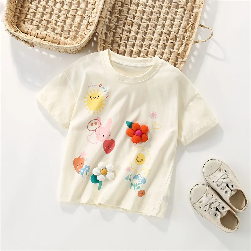 Jumping Meters 3-8T Flowers Kids Tees Hot Selling Cotton Summer Girls Tshirts Baby Clothes Children's Tees Tops 2