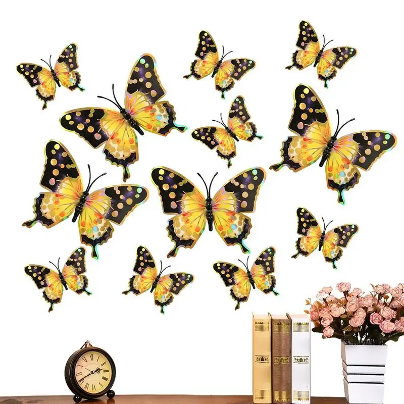 

3D бабочки, 12 шт., съемные золотистые блестки, красивые 3D фотообои, украшение для торта, фотография