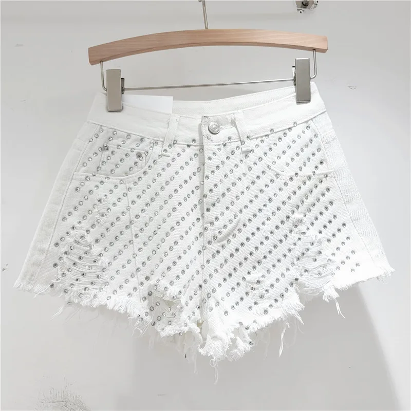 Heavy Embroidery Diamond Drills Denim Shorts Women's 2024 Summer High Waist Slimming Hot Girl Ripped Raw Hem Wide Legs Hot Pants