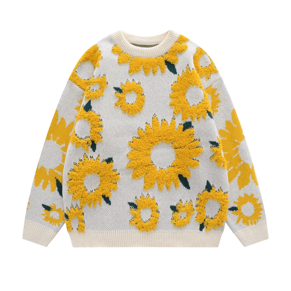 

Autumn Japanese Retro Sunflower Flocking Lazy Knitwears for Men and Women BF Patchwork Trendy Couple Long Sleeve Knitted Sweater