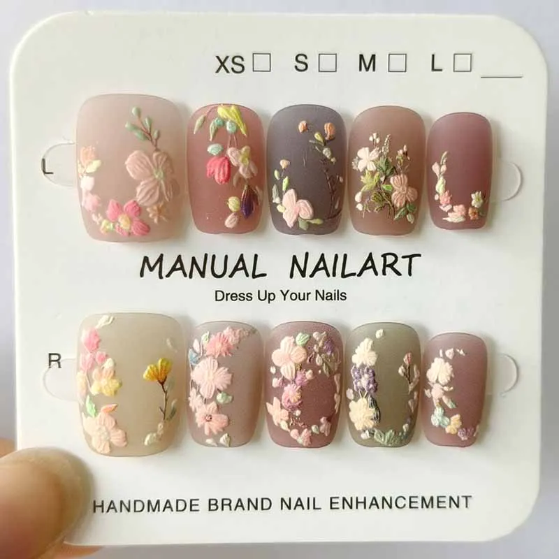 10Pcs 3D Embroidery Feel Colorful Flowers Caramel Iced Coffee Camellia Gilded Gold Wearing Armor Press on Nails Trend Nail Art