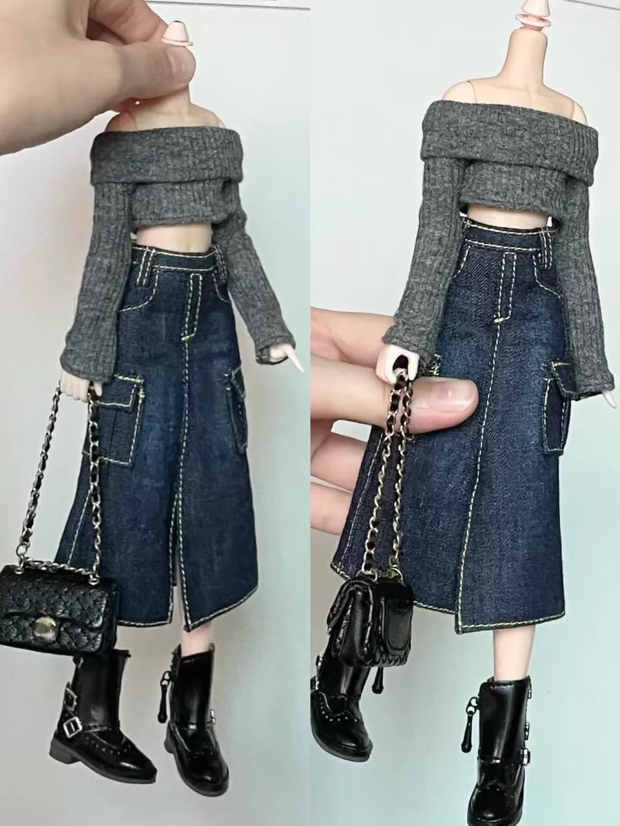 New Handmade Blythe Doll Clothes Off Shoulder Sweater Knit Tops and Split Denim Long Skirt Mini Dress for Blyth OB24 1/6 Dolls