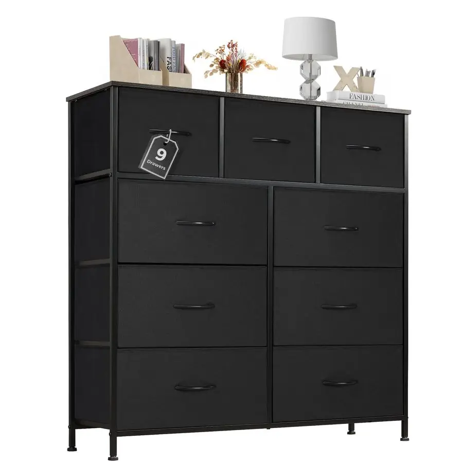 for Bedroom with 9 Drawers, AntiTip Tall Fabric Chests Storage Organizer Tower Furniture with Wooden Top Metal Frame for Clothes