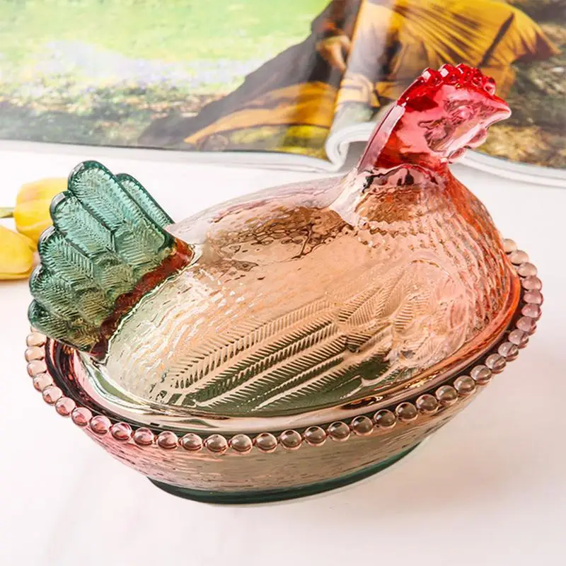 Glass Chicken Candy Dish Animal Shaped Glass Jar Farm Poultry Shape Food Container For Kitchen Living Room Dining Area
