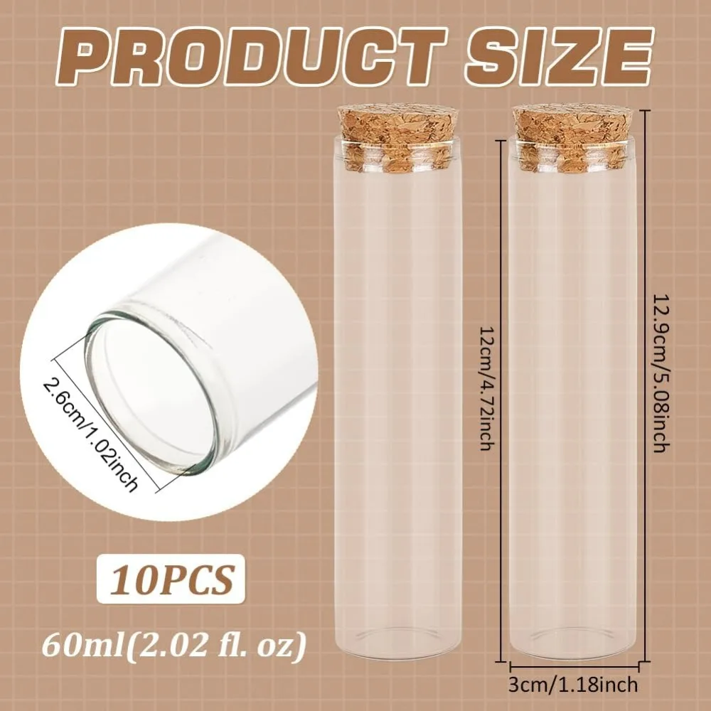 60ml Glass Test Tube Cork Stopper Clear Flat Mini Glass Bottles Jars Wedding Party Favors Candy Spices Beads 10 Pack