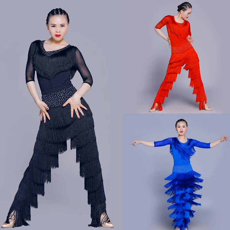 

2022 Fringed Dance Clothes Hot Drill Chacha Pants Women Ballroom Tassels Top Pants Salsa Samba Dance Competition Costume SL6641