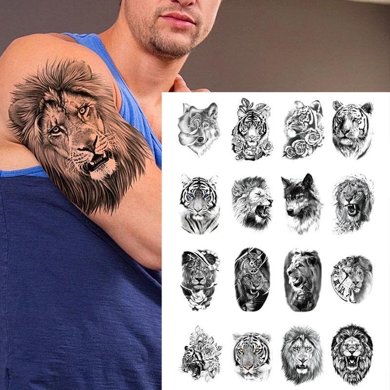 

Temporary Tattoos Wolf Fake Sticker Tiger Lion Animals Half Arm Tattoo Sticker Leg Arm Body Thigh Men Women Transfer Tattoos