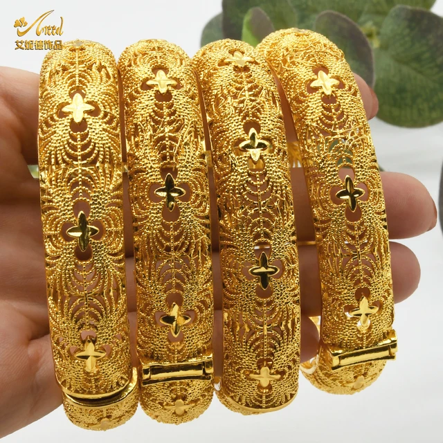 ANIID 4Pcs /Set 24K Dubai Gold Plated Bangle Bracelet For Women Ethiopian Arabic African Dubai Indian Wedding Bride Jewelry Gift B-04-4pcs