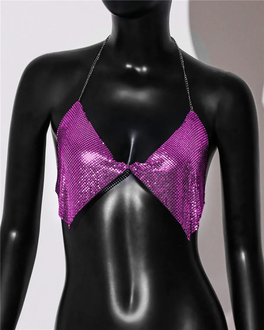 Akyzo Mode Metall Pailletten Leibchen Sommer Frauen rücken frei Neck holder Hals von der Schulter Crop Top Rave Vocal Konzert Tank Top – Detail 22