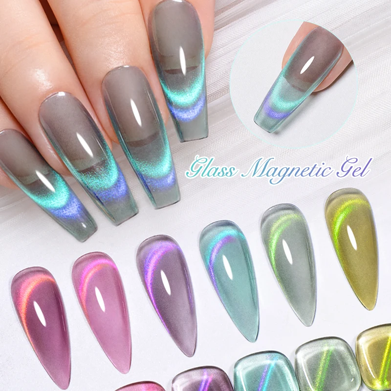 

MEET ACROSS 7PCS/SET Glass Magnetic Gel Nail Polish Set Blue Green Pink Glitter Semi Permanent UV Gel Vernis Nail Art Manicure