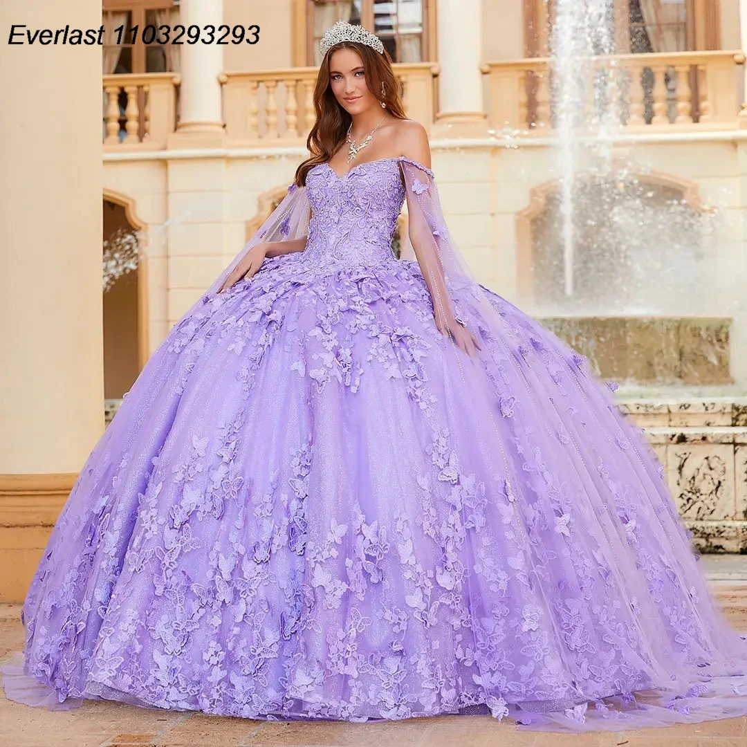 EVLAST Mint Green Quinceanera Dress Ball Gown 3D Lace Applique Beaded Spaghetti With Cape Sweet 16 Vestido 15 De A&ntilde;os TQD243 quinceanera dresses