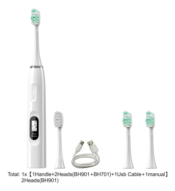 Sfeel 15 Modes LCD Screen Sonic Smart Electric Toothbrush Adult Timer USB Type C Rechargeable IPX7 Waterproof Whitening White-4 heads