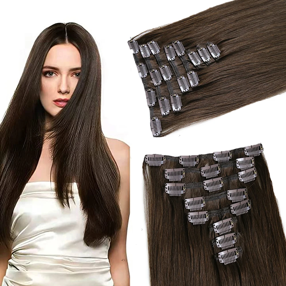 

120g Full head Set Russian Virgin Remy Cuticle Aligned Human Hair Clip In Human Hair Extensions Dark Brown Color 2