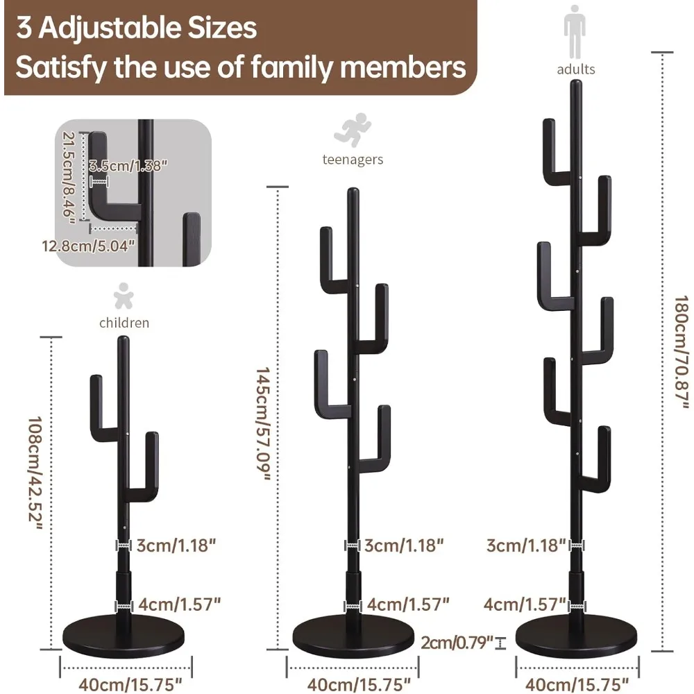 KungFuWood Coat Rack, Unique Design Cactus Rack Freestanding, Adjustable Height Wooden Rack Stand with 6 Hooks,