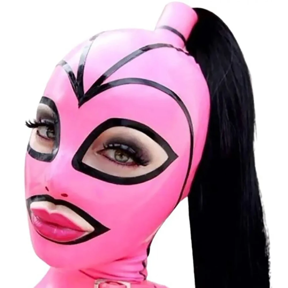Pink Black Stripe Rubber Hood Latex Mask with Twist Braid Wig Back Zipper Fetish Club Ball Cosplay Halloween halloween mask