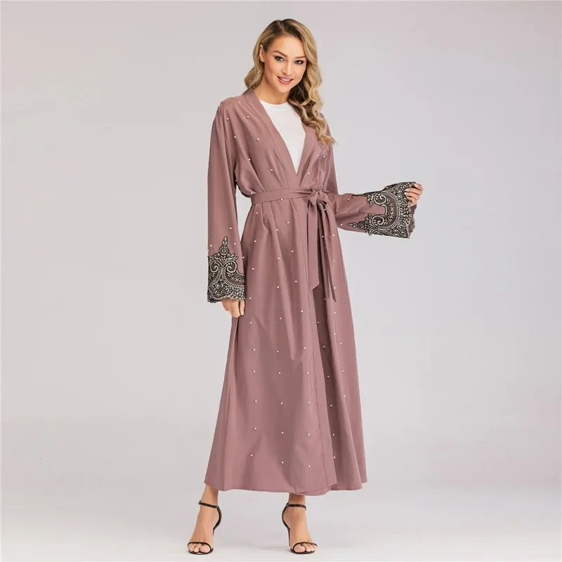2023 Ramadan Lace With Pearls Abaya Dubai Kaftan Turkish Middle East Islamic Clothing Muslim Fashion For Women Evening Dress