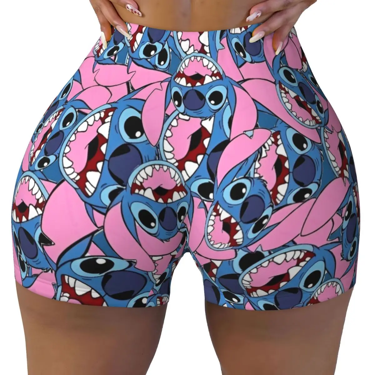 Women Workout Shorts Pink Cute Stitch Scrunch Butt Lifting High Waisted Gym Yoga Booty Biker Athletic