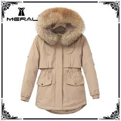 Meral inverno novo mid length pie superando jaqueta com capuz de algodão feminino engrossado solto calor mais tamanho neve outwear