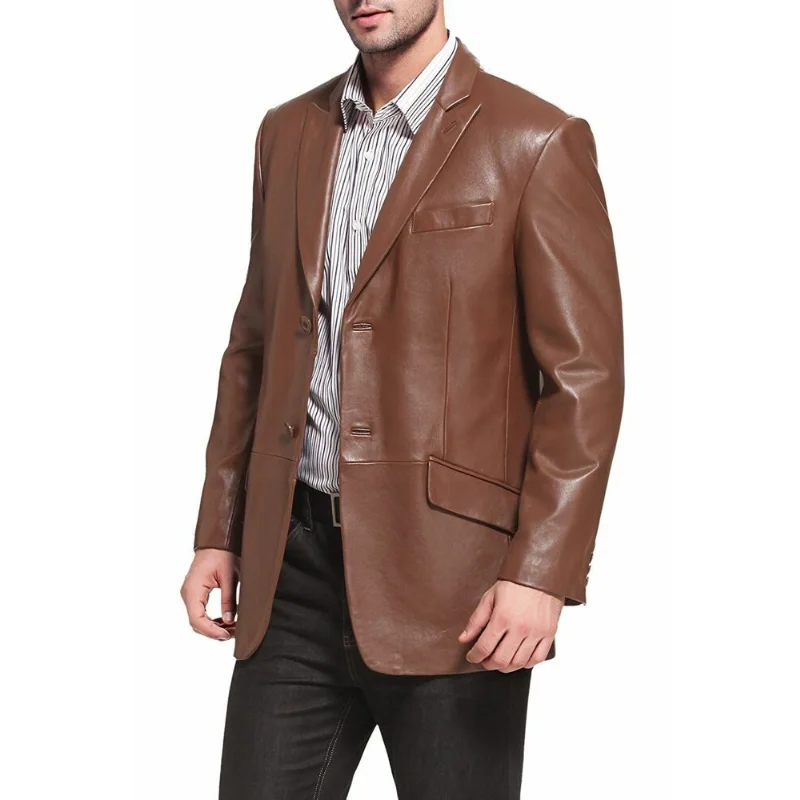 Men's Genuine Soft Lambskin Leather Blazer Brown Slim Fit Coat European and American Fashion Trends